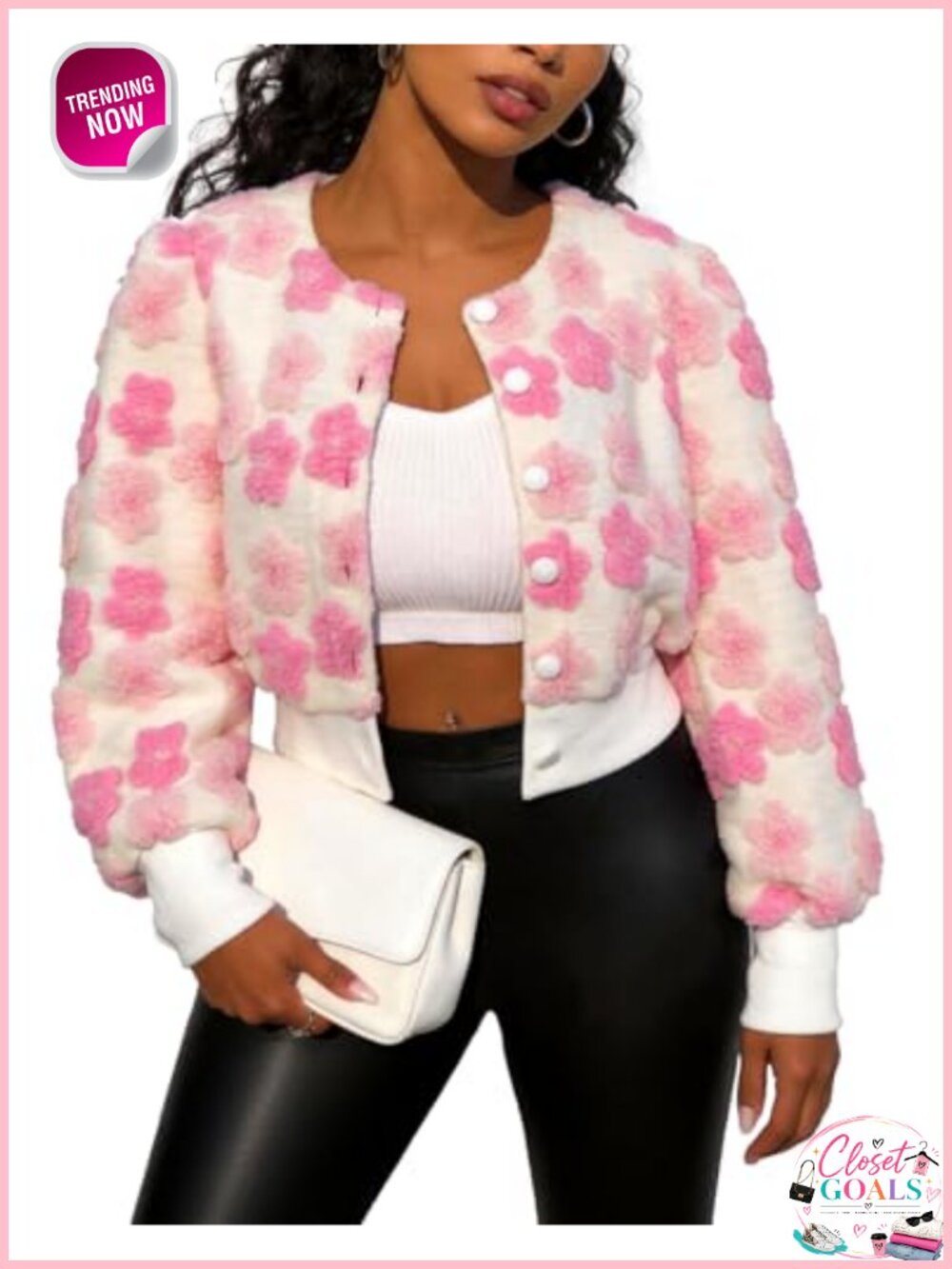 Fleece Floral Bomber Jacket Cropped Button Down Warm Casual Coat Women